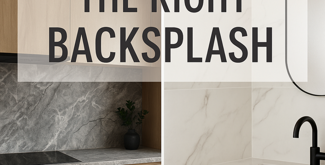 Modern bathroom vanity backsplash and full-height stone kitchen wall design in a Florida home