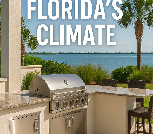 Outdoor kitchen with granite countertop, stainless steel grill, and seating area, styled for Florida’s coastal climate