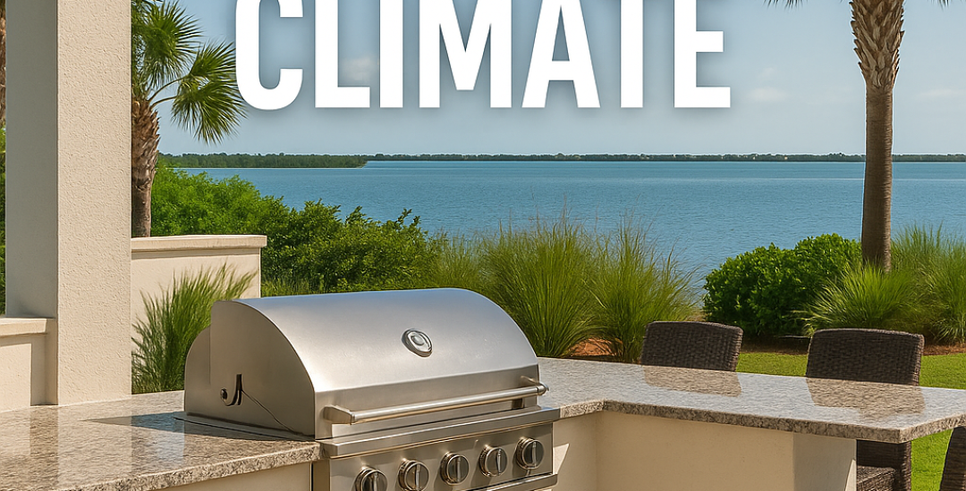 Outdoor kitchen with granite countertop, stainless steel grill, and seating area, styled for Florida’s coastal climate