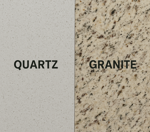 Side-by-side view of quartz and granite countertop surfaces, showcasing texture and color differences
