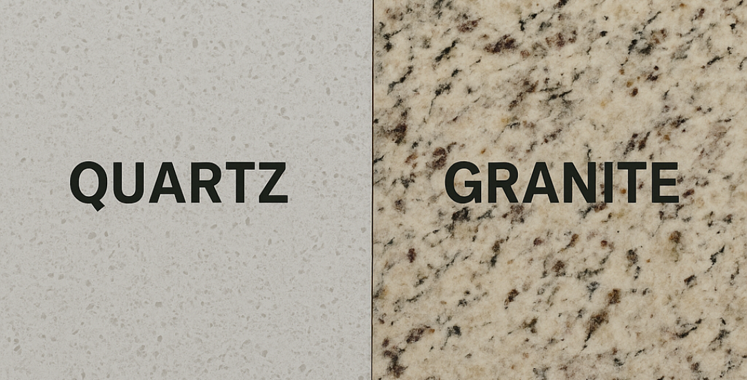 Side-by-side view of quartz and granite countertop surfaces, showcasing texture and color differences
