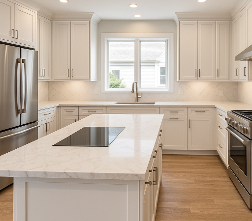 Modern kitchen with white marble countertops, induction cooktop on island, and shaker cabinets in bright natural light