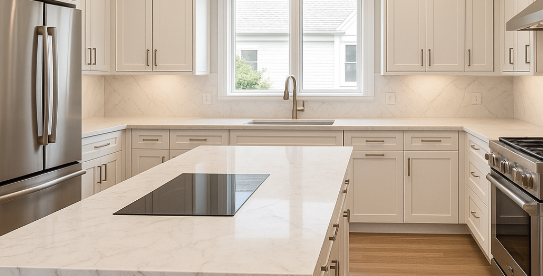 Modern kitchen with white marble countertops, induction cooktop on island, and shaker cabinets in bright natural light
